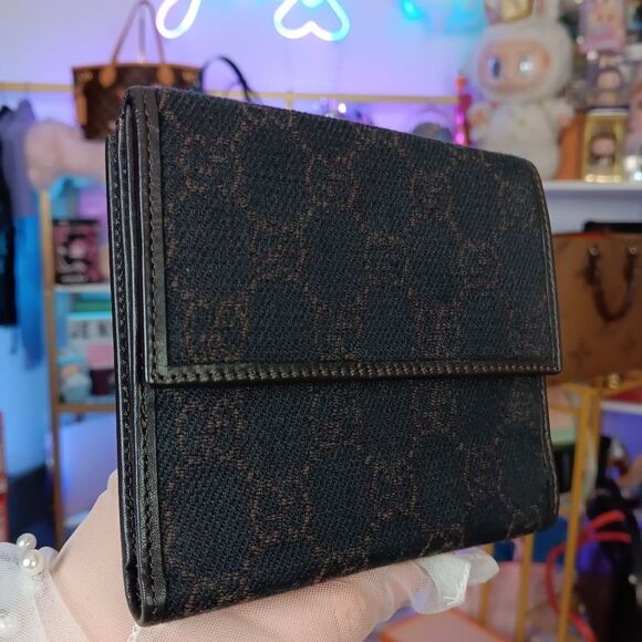 NIB Gucci Dark Brown Monogram GG Denim/Canvas Leather Trim Compact Wallet w/Box - Picture 5 of 11